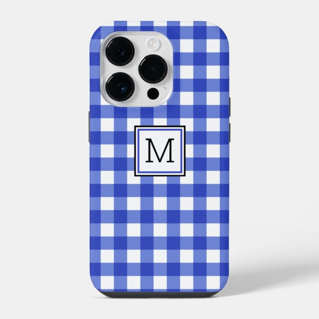 Funda Para iPhone Monograma de comprobación de Gingham azul (Reverso )
