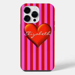 Funda Para iPhone 14 Pro Max Monograma de Corazón Metálico Rojo de Tiras Rojas
