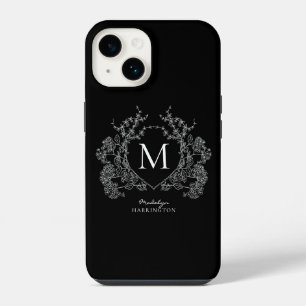 Funda Para iPhone 14 Monograma de cresta floral moderna en blanco y neg