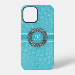 Funda Para iPhone 12 Monograma de cuero de avestruz turquesa chic