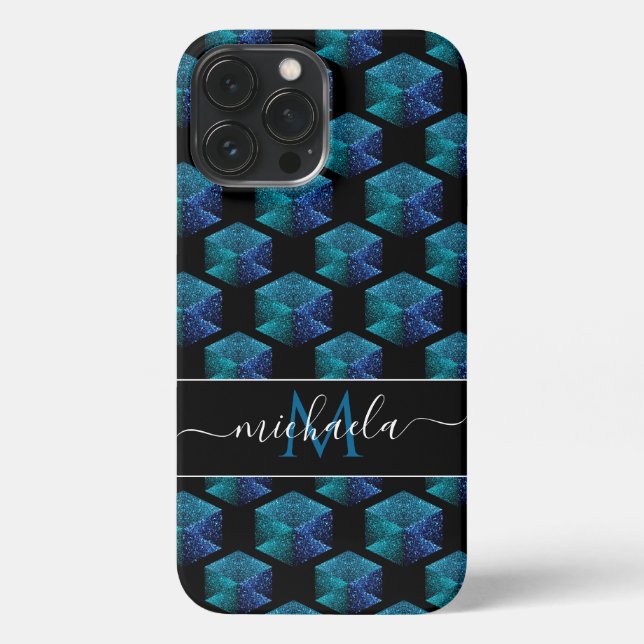 Funda Para iPhone Monograma de diamantes con brillo azul acuático (Reverso )