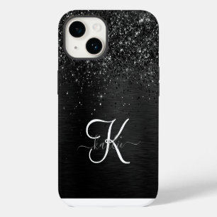 Funda Para iPhone 14 Monograma de espuma de Purpurina negro personaliza