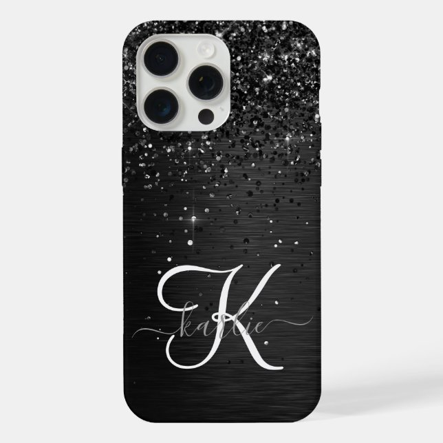 Funda Para iPhone Monograma de espuma de Purpurina negro personaliza (Reverso )