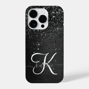 Funda Para iPhone 14 Pro Monograma de espuma de Purpurina negro personaliza