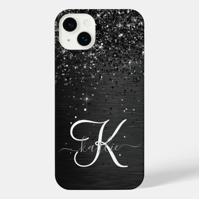 Funda Para iPhone Monograma de espuma de Purpurina negro personaliza (Reverso )