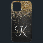 Funda Para iPhone 12 Pro Max Monograma de espuma negra Purpurina de oro persona<br><div class="desc">Personaliza fácilmente este elegante diseño de estuches de teléfono de moda con purpurina brillante de oro en bonito sobre fondo metálico cepillado negro.</div>