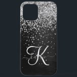 Funda Para iPhone 12 Pro Max Monograma de espuma negra Purpurina plateado perso<br><div class="desc">Personaliza fácilmente este elegante diseño de estuches de teléfono de moda con purpurina brillante de plata de bonito sobre fondo metálico cepillado negro.</div>