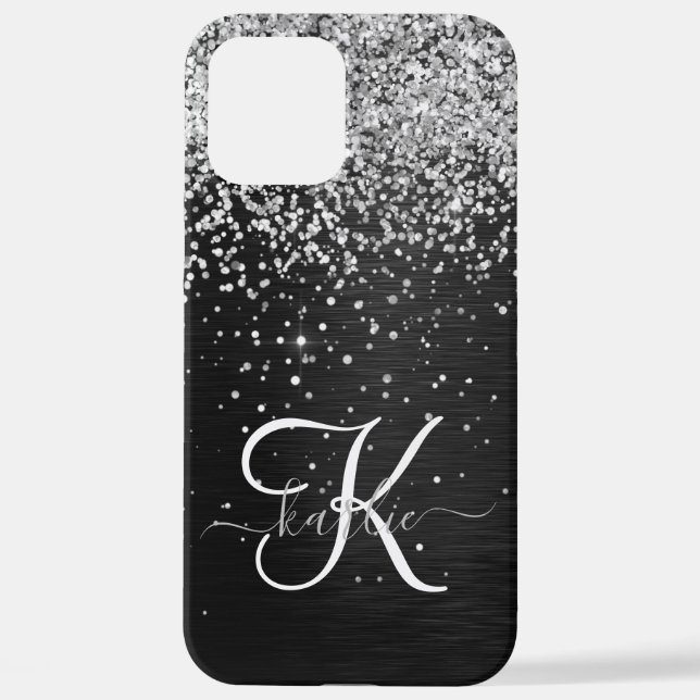 Funda Para iPhone Monograma de espuma negra Purpurina plateado perso (Reverso )