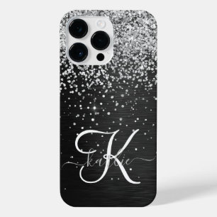 Funda Para iPhone 14 Pro Max Monograma de espuma negra Purpurina plateado perso