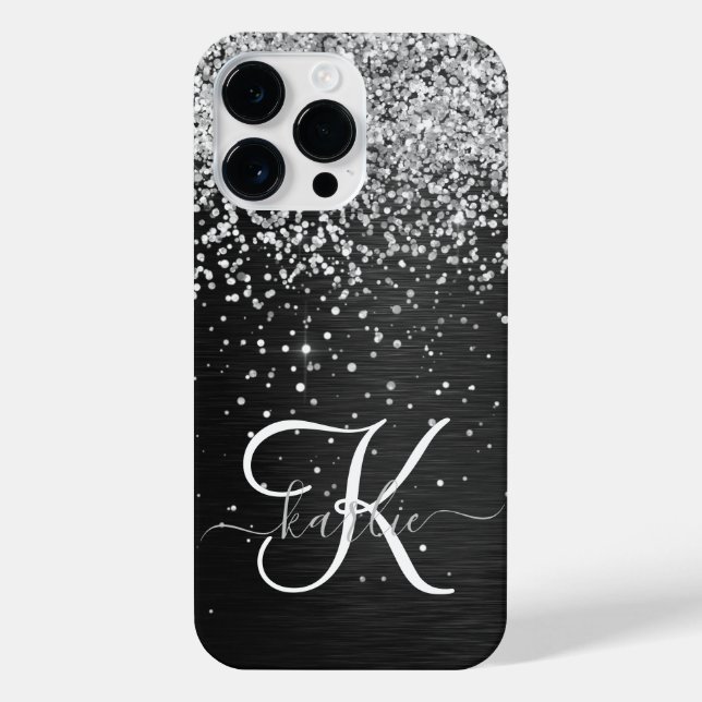Funda Para iPhone Monograma de espuma negra Purpurina plateado perso (Reverso)