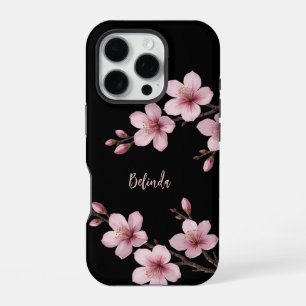 Funda Para iPhone 16 Pro Monograma de flor de cerezo negra rosa acuarela
