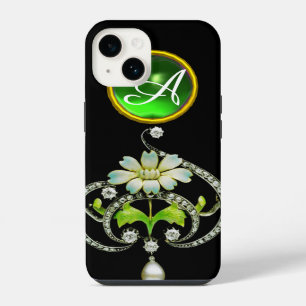 FUNDA PARA iPhone 14 MONOGRAMA DE FLORES DE ESMALTE BLANCO, PERLAS Y DI