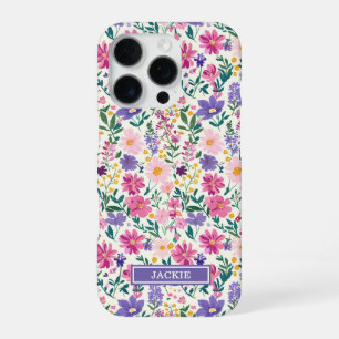 Funda Para iPhone 16 Pro Monograma de flores ditsy rosadas y moradas