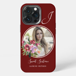 Funda Para iPhone 13 Pro Monograma de foto temática floral burgundy Chic pe