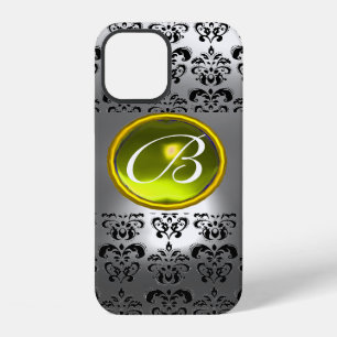 Funda Para iPhone 12 MONOGRAMA DE GEMAS DAMASK Cristal amarillo blanco