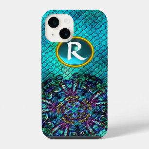 FUNDA PARA iPhone 14 MONOGRAMA DE GEMAS ESTRELLA MOSAICO AZUL TERRACOTA