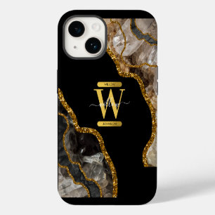 Funda Para iPhone 14 Monograma de geoda de ágata negra y dorada