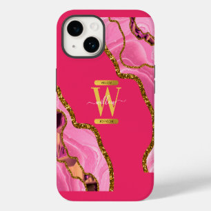 Funda Para iPhone 14 Monograma de geoda de ágata rosa y dorada  