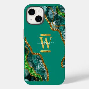Funda Para iPhone 14 Monograma de geoda de ágata verde esmeralda y oro