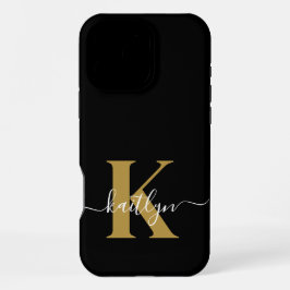 Funda Para iPhone 16 Pro Max Monograma de guión de oro negro elegante