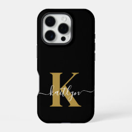 Funda Para iPhone 16 Pro Monograma de guión de oro negro elegante
