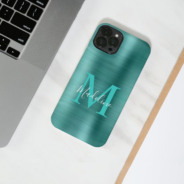 Funda Para iPhone Monograma de guión elegante Verde azulado metálico (Subido por el creador)