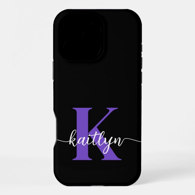 Funda Para iPhone Monograma de guión morado negro (Reverso )