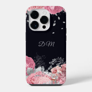 Funda Para iPhone 14 Pro Monograma de hoja de plata rosa elegante