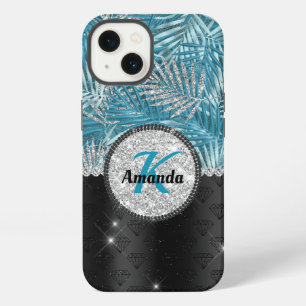 Monograma de hojas brillantes turquesa aqua chic f
