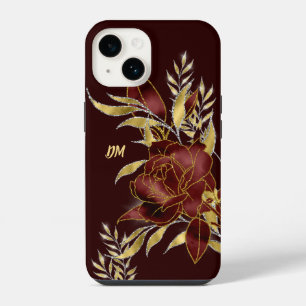 Funda Para iPhone 14 Monograma de hojas de oro de rosa roja marrón