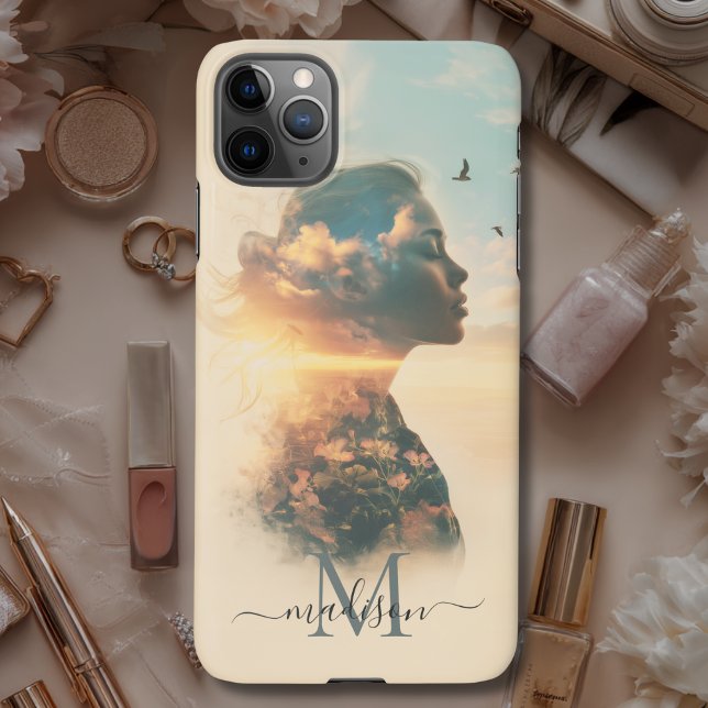 Funda Para iPhone Monograma de la puesta de sol de la naturaleza de  (Romantic Woman Nature Sunset Monogram iPhone Case with your Initial & Name)
