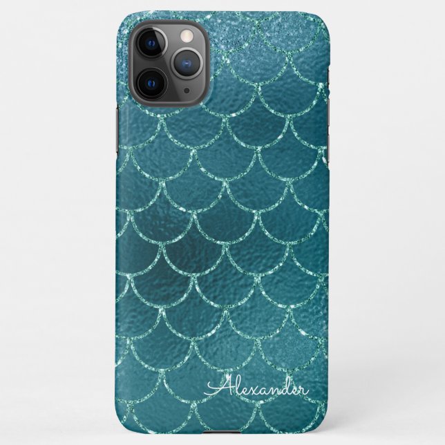 Funda Para iPhone Monograma de la sirena turquesa Verde azulada chic (Reverso)