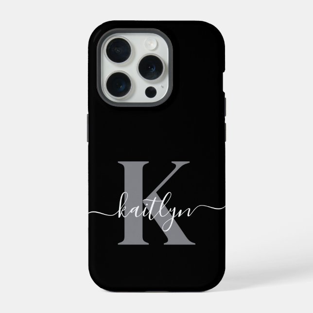 Funda Para iPhone Monograma de letra script gris negro moderno (Reverso )