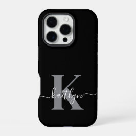 Funda Para iPhone 16 Pro Monograma de letra script gris negro moderno