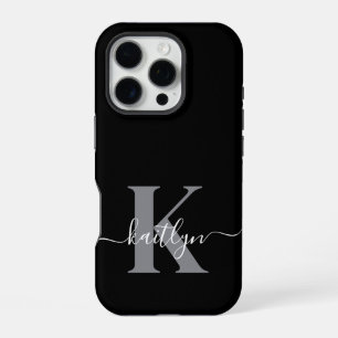 Funda Para iPhone 16 Pro Monograma de letra script gris negro moderno
