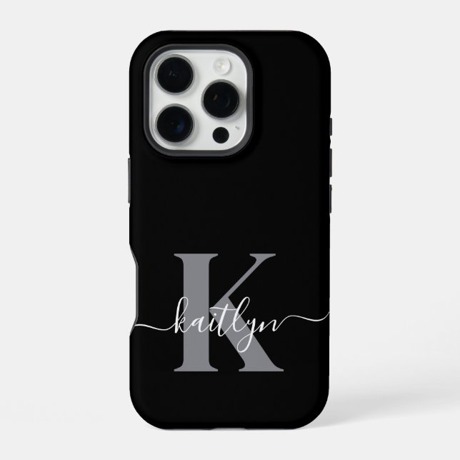 Funda Para iPhone Monograma de letra script gris negro moderno (Reverso )