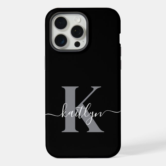 Funda Para iPhone Monograma de letra script gris negro moderno (Reverso )