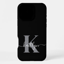 Funda Para iPhone 16 Pro Max Monograma de letra script gris negro moderno