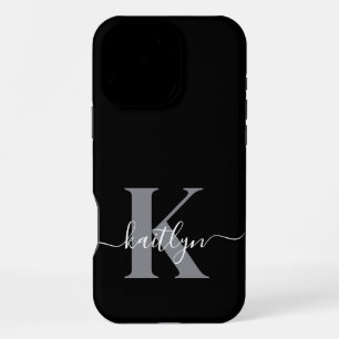 Funda Para iPhone 16 Pro Max Monograma de letra script gris negro moderno