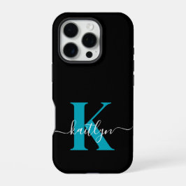 Funda Para iPhone 16 Pro Monograma de letra script moderna negro turquesa
