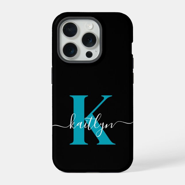 Funda Para iPhone Monograma de letra script moderna negro turquesa (Reverso )