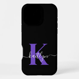Funda Para iPhone 16 Pro Max Monograma de letra script morado negro moderno