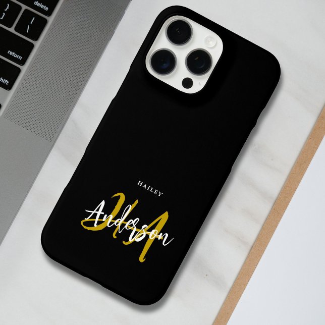 Funda Para iPhone Monograma de letra script negra y dorada (Subido por el creador)