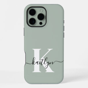 Funda Para iPhone 16 Pro Max Monograma de letra script verde sabio moderna