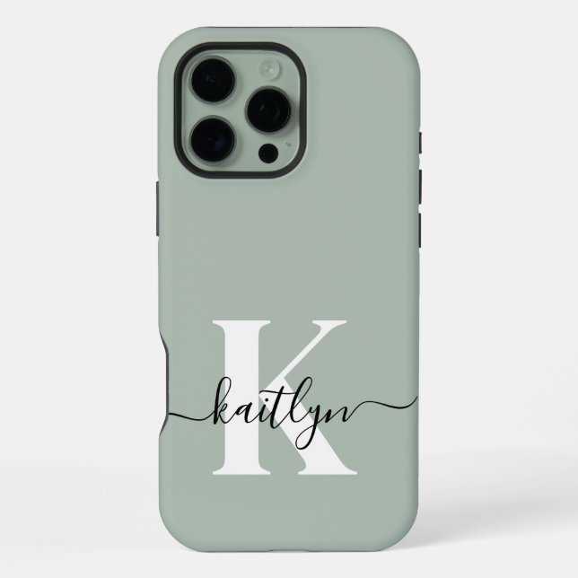 Funda Para iPhone Monograma de letra script verde sabio moderna (Reverso )