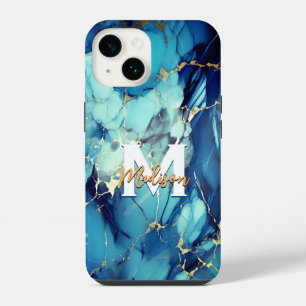 Funda Para iPhone 14 monograma de mármol azul acuático chic con brillo