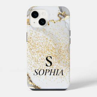 Funda Para iPhone 14 Monograma de mármol blanco chic con brillo dorado