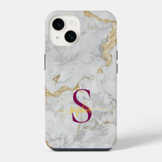 Funda Para iPhone 14 monograma de mármol blanco con brillo dorado