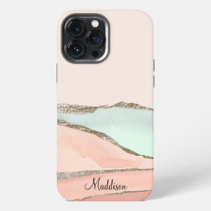Funda Para iPhone 13 Pro Max Monograma de mármol con brillo rosa y verde agua o