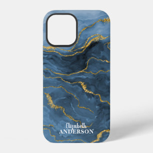 Funda Para iPhone 12 Monograma de mármol de geoda de ágata azul marino